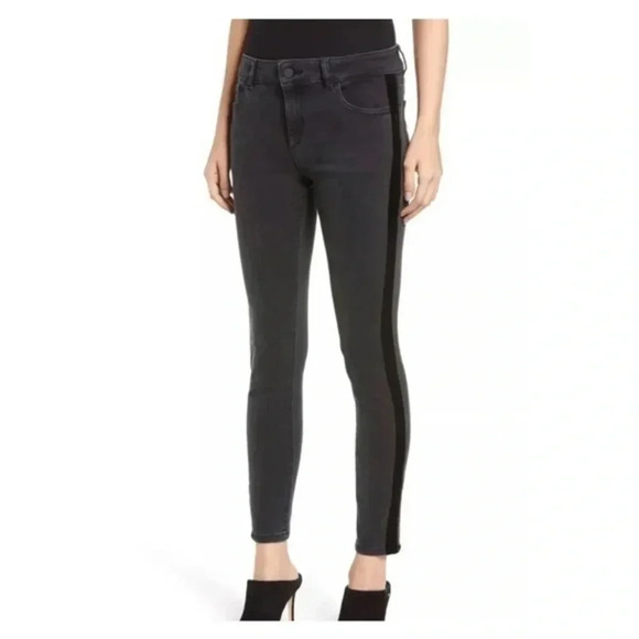 DL1961 Womens  Black Denim Velvet Farrow Trim Ankle Skinny Jeans 24 - Picture 1 of 6